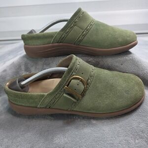 Spenco Suede Leather Clog Women's Size 9 D Stap Brass Buckle Moss Green